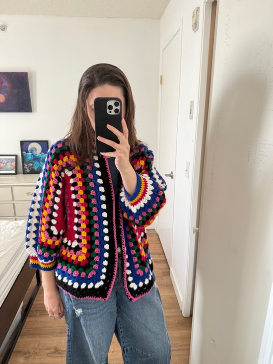 Handknit Colorful Granny Square Cardigan Grandmacore Eclectic Boho Colorful M - Picture 2 of 6